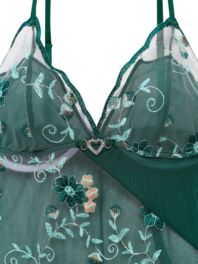 Grün 1930er Spitze Bestickt Blumen Träger Nachthemd