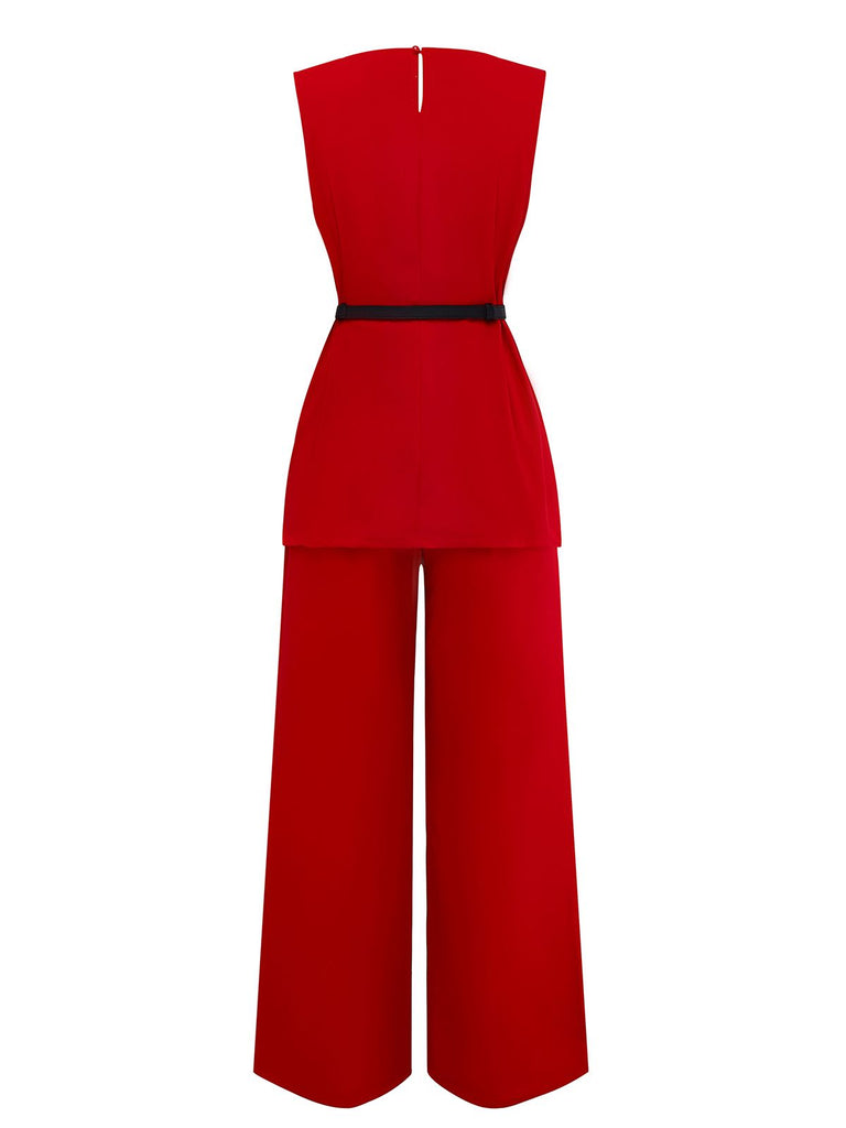 2PCS 1960er Ärmellos Weste & Gürtel Taille Hose