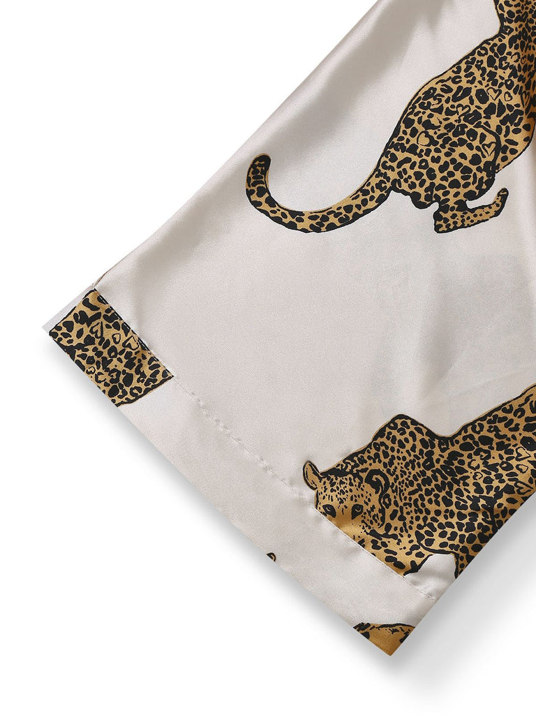 1950er Leopard Druck Satin Morgenmantel mit Gürtel