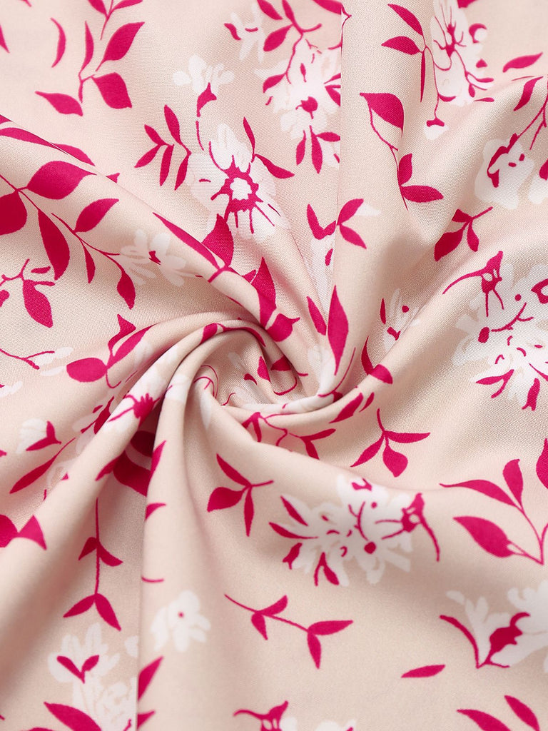 Rosa 1940er V-Ausschnitt Blumen Puffärmel Kleid