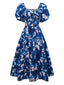 Blau 1940er Blumen Puffärmel Schulterfrei Kleid