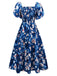 Blau 1940er Blumen Puffärmel Schulterfrei Kleid