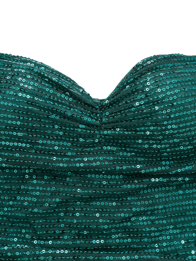 1930er Schulterfrei Glitzer Schlitz Maxi Kleid