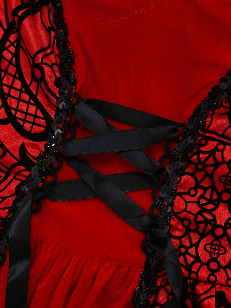 [Vorverkauf] 2PCS Rot 1980er Samt Spitze Pailletten Trägerlos Kleid & Cape