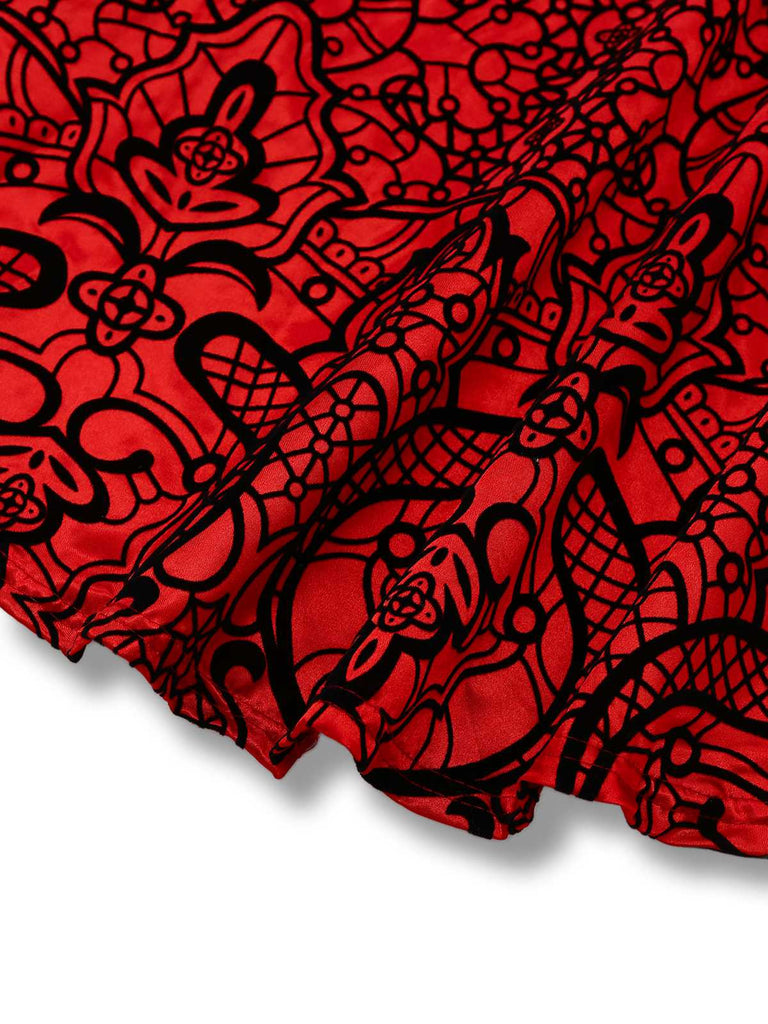 [Vorverkauf] 2PCS Rot 1980er Samt Spitze Pailletten Trägerlos Kleid & Cape