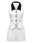 2PCS Weiß 1960er Revers Kragen Taste Ärmellos Top & Shorts