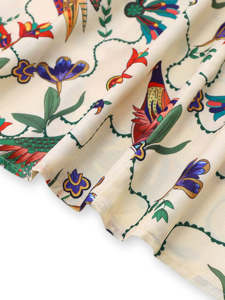 Beige 1940er Blumen & Vögel Druck Puffärmel Kleid