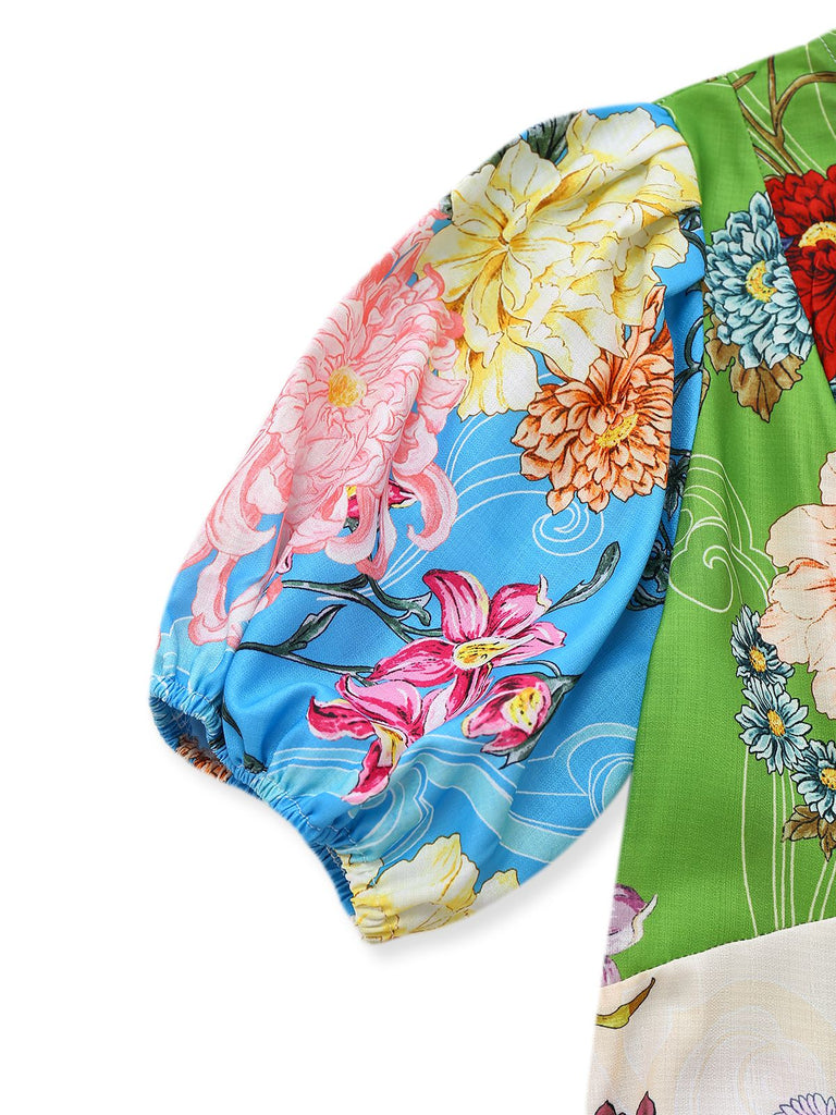 Grün 1940er Blumen Gekritzel Puffärmel Kleid