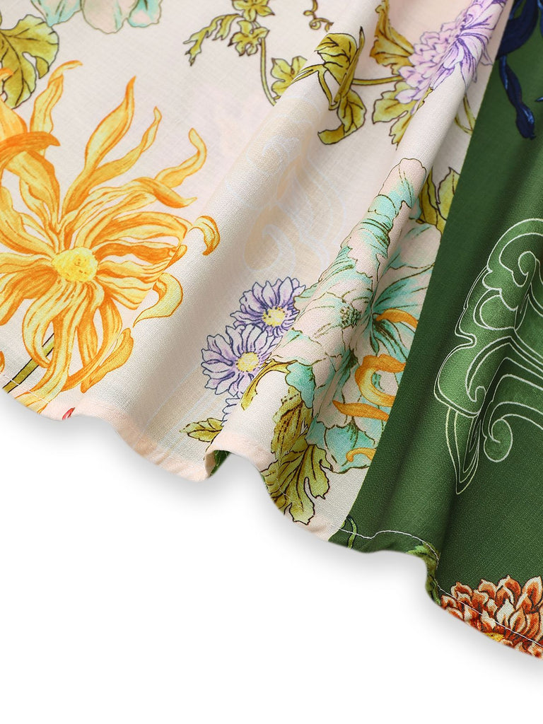 Grün 1940er Blumen Gekritzel Puffärmel Kleid