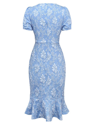 Hellblau 1960er Gänseblümchen Puffärmel Kleid