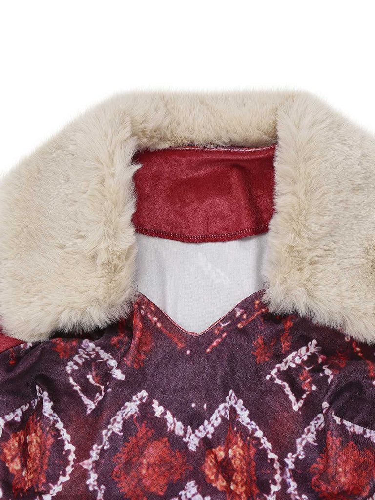 Rot 1970er Abnehmbar Pelz Kragen Boho Kleid