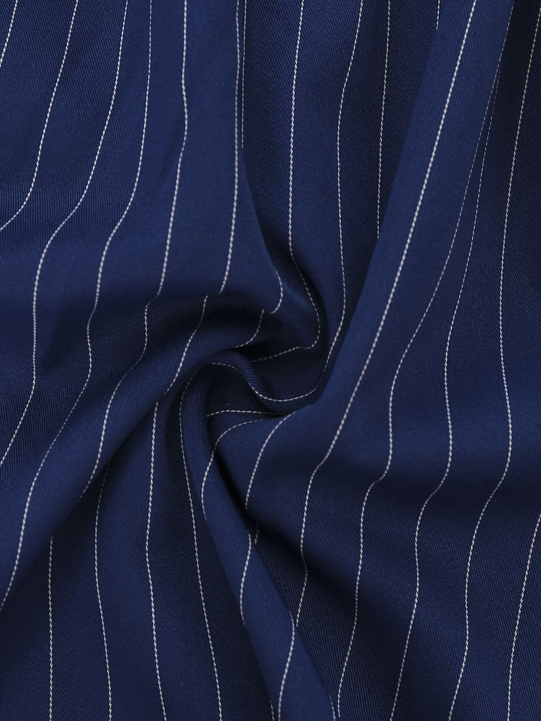 Blau 1960er V-Ausschnitt Wickeln Streifen Hemd Kleid