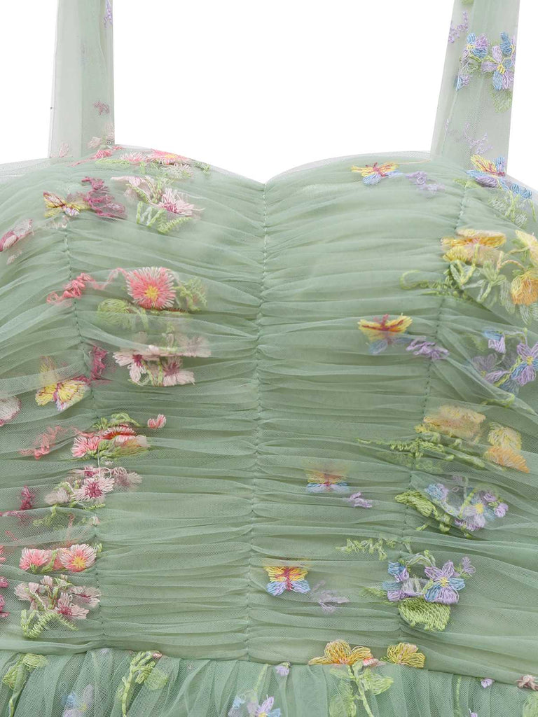 Grün 1930er Schulterkrawatte Stickerei Blumen Netz Kleid