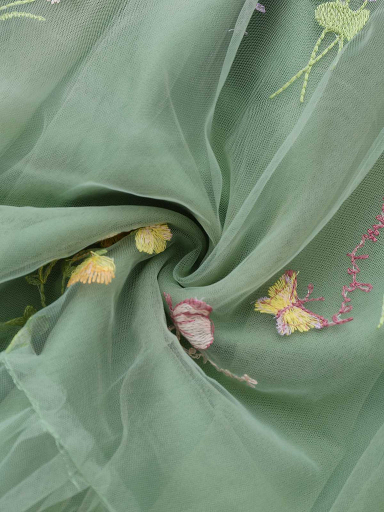 Grün 1930er Schulterkrawatte Stickerei Blumen Netz Kleid