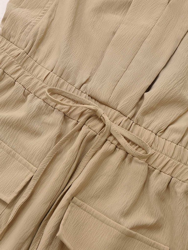 Khaki 1930er V-Ausschnitt Tasche Solide Romper