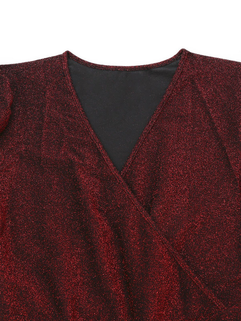 Rot 1980er Funkeln Tief-V Langarm Jumpsuit