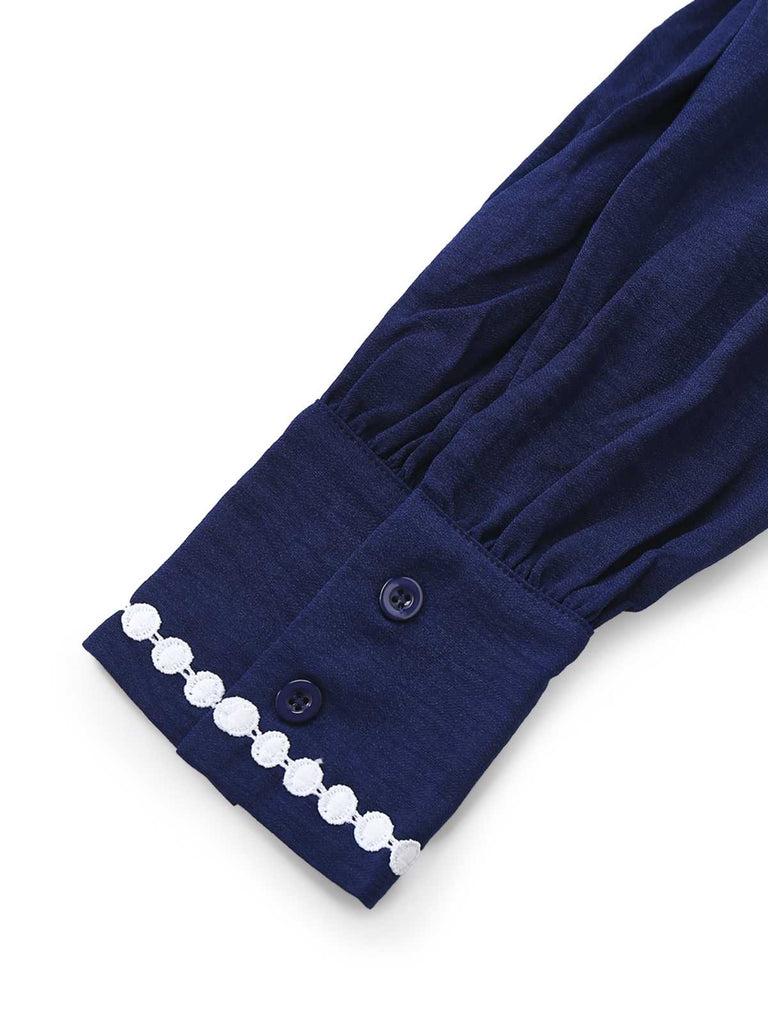 Dunkelblau 1940er Kontrastbesatz Gürtel Hemd Kleid