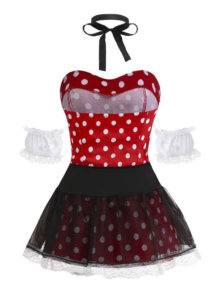 Rot 1980er Polka Dot Kleid & Netz Rock Set