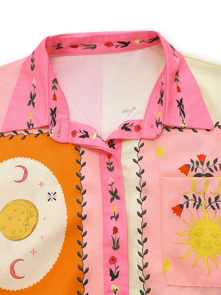 2PCS 1970er Boho Blumen Bluse & Gürtel Shorts