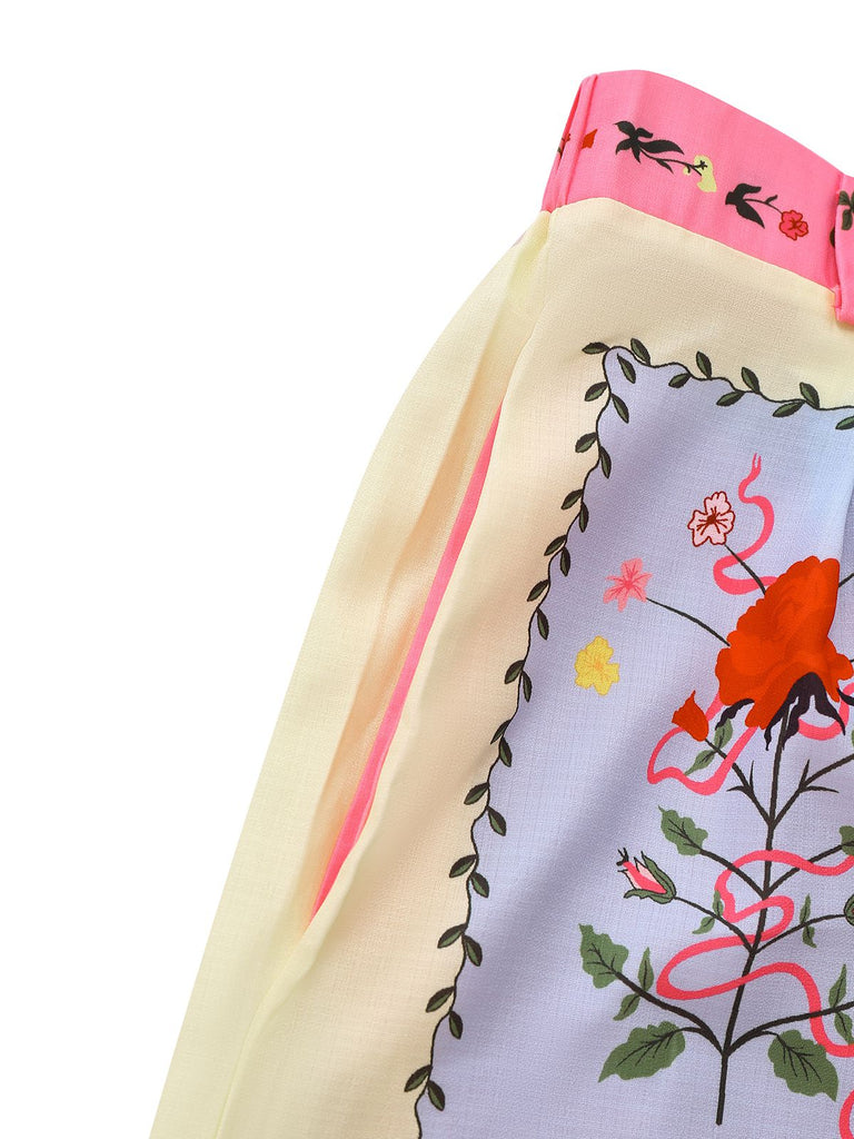 2PCS 1970er Boho Blumen Bluse & Gürtel Shorts