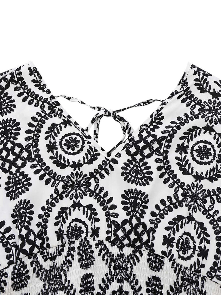 1970er V-Ausschnitt Boho Puffärmel Weites Bein Jumpsuit