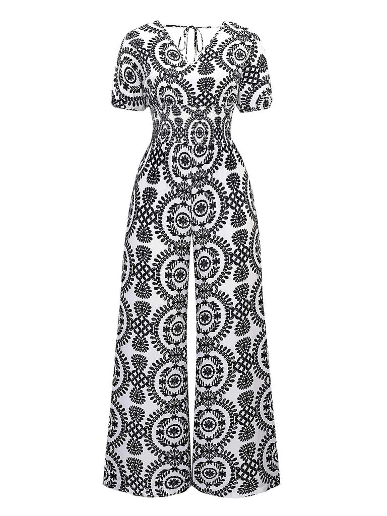 1970er V-Ausschnitt Boho Puffärmel Weites Bein Jumpsuit