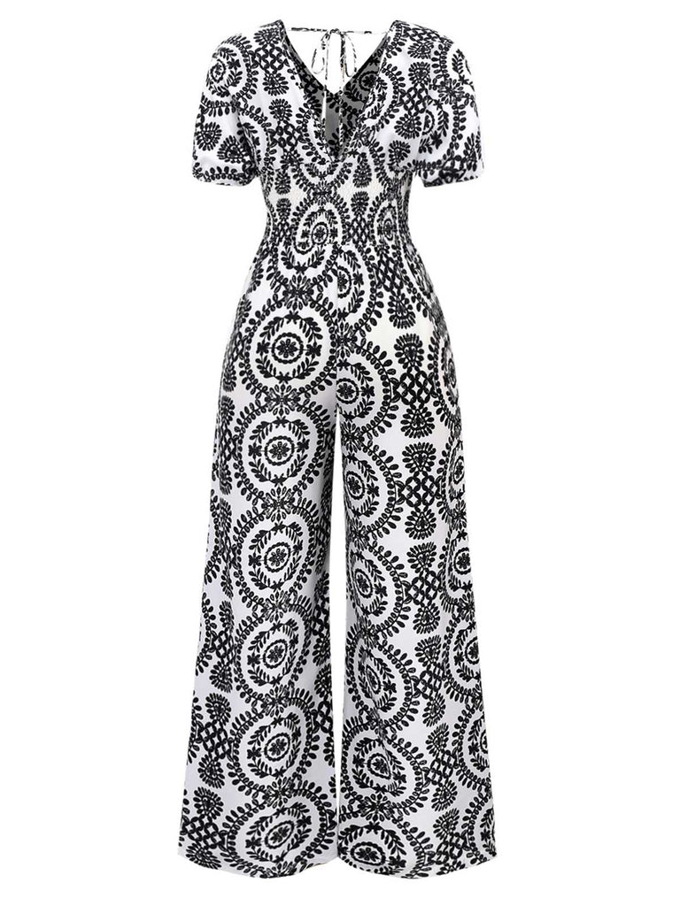 1970er V-Ausschnitt Boho Puffärmel Weites Bein Jumpsuit