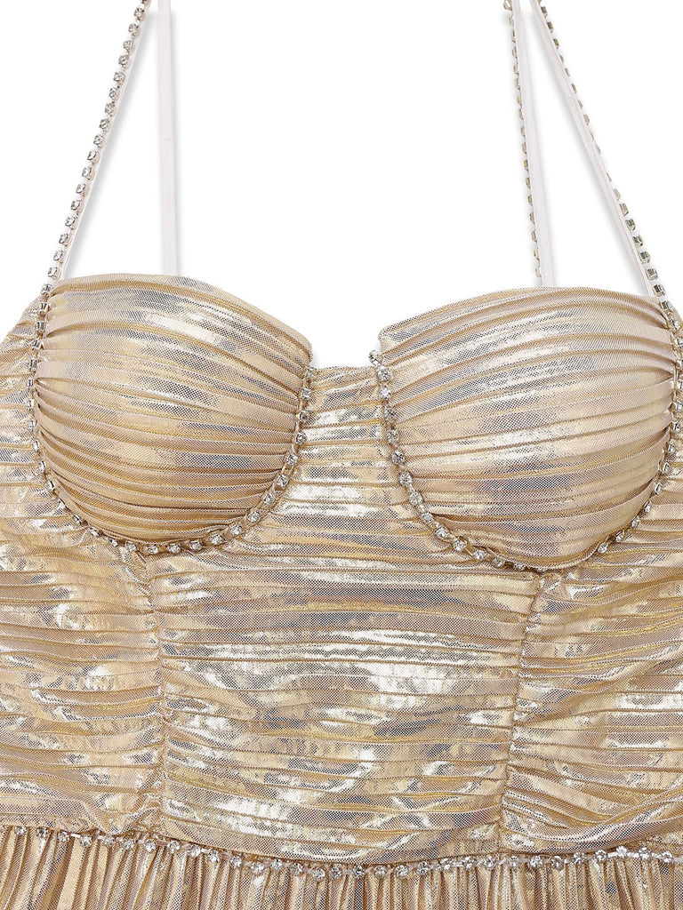 Gold 1930er Metallisch Abgestuft Spaghetti Träger Kleid