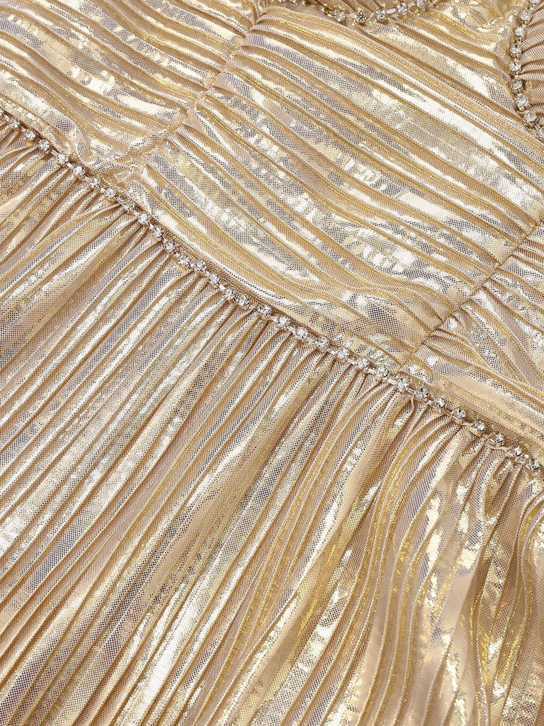 Gold 1930er Metallisch Abgestuft Spaghetti Träger Kleid