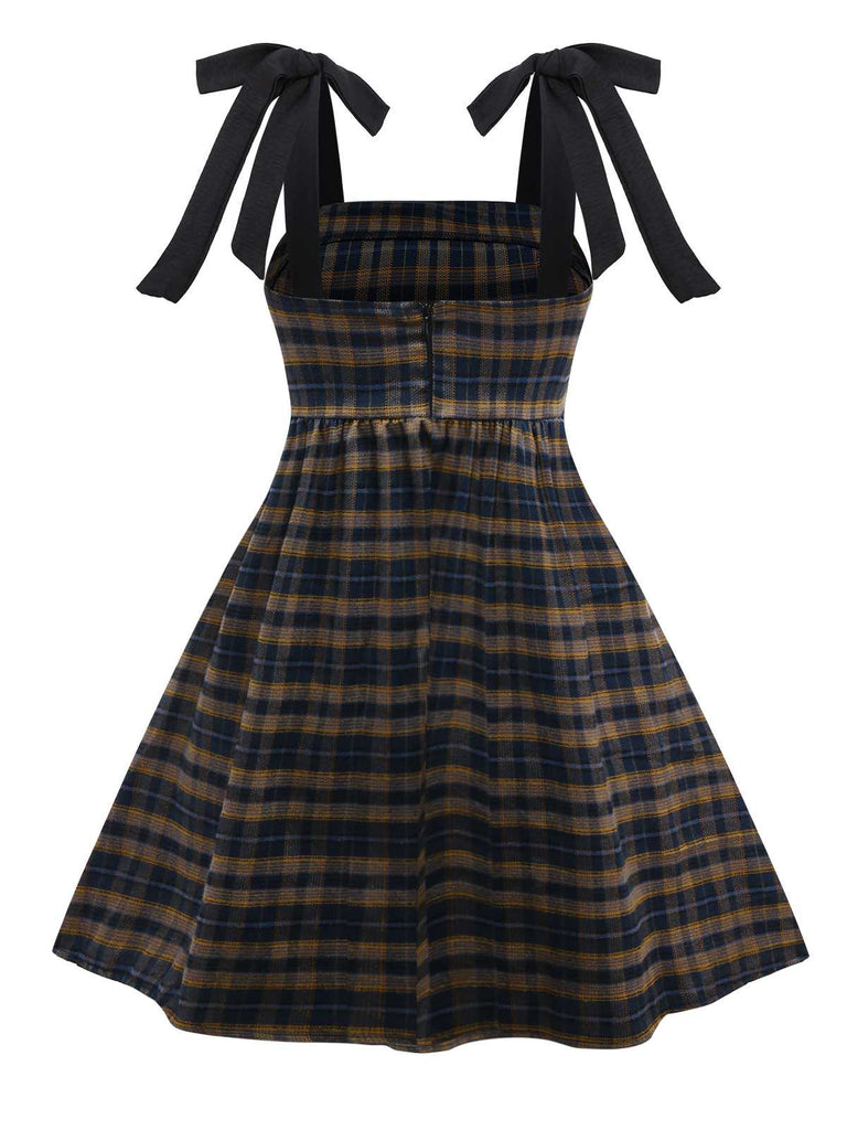 Dunkelkaffee 1950er Bogen Träger Plaid Kleid