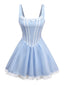 Hellblau 1950er Gingham Spitze Träger Swing Kleid