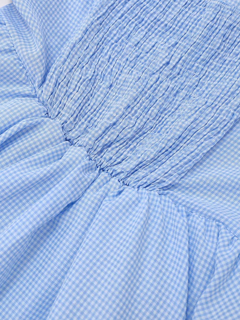 Hellblau 1950er Gingham Spitze Träger Swing Kleid
