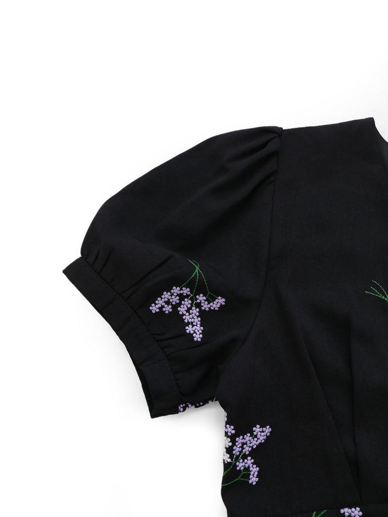 Schwarz 1940er Lila Blumen Stickerei V-Ausschnitt Kleid
