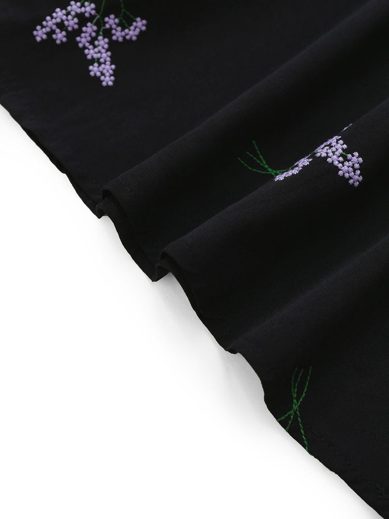 Schwarz 1940er Lila Blumen Stickerei V-Ausschnitt Kleid