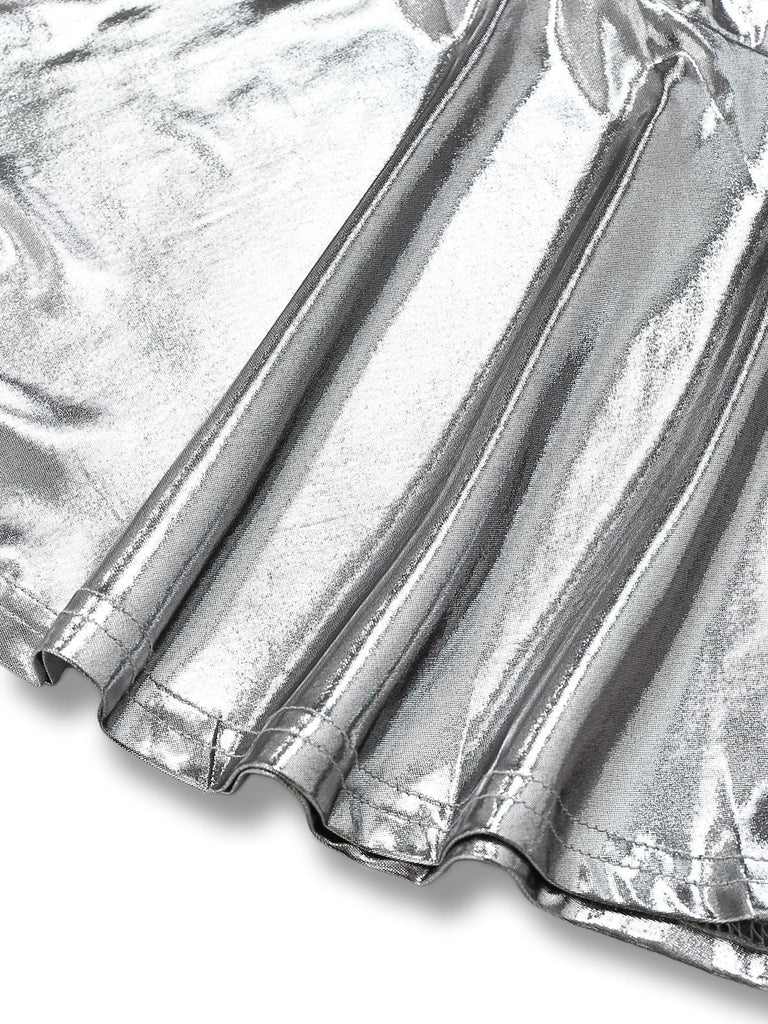 1970er Metallic V-Ausschnitt Plissiertes Mini Dress