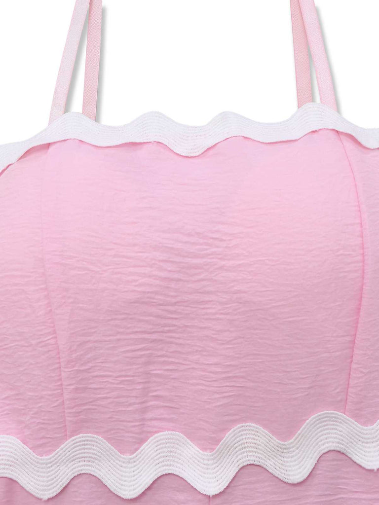 1970er Welle-Trimmen Spaghetti Träger Weites Bein Jumpsuit