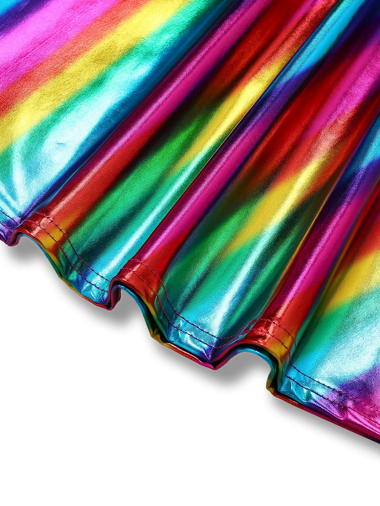 Mehrfarbig 1970er Regenbogen Farbblock Disko Halter Jumpsuit