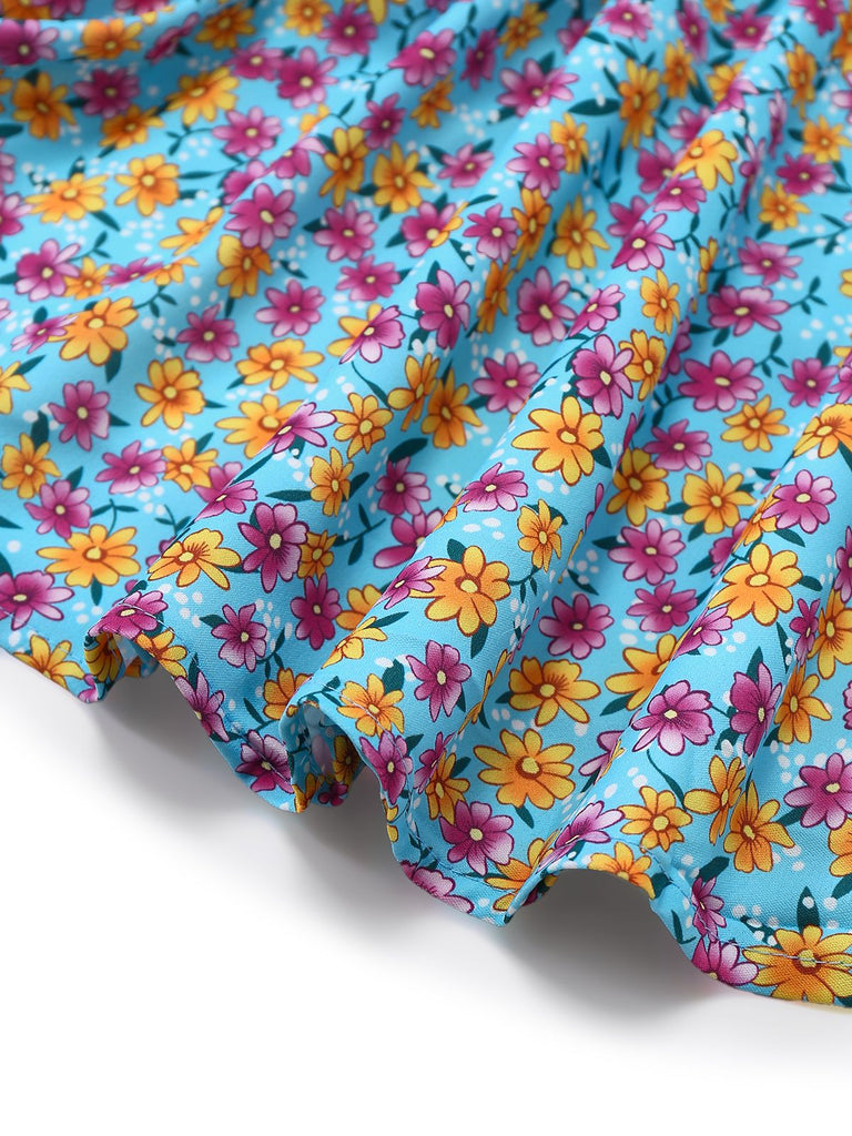 Blau 1960er Gänseblümchen V-Ausschnitt Schlitz Kleid