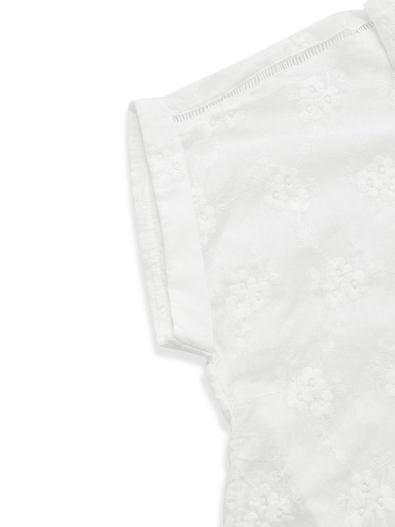 Weiß 1950er Baumwolle Stickerei Blumen Revers Bluse