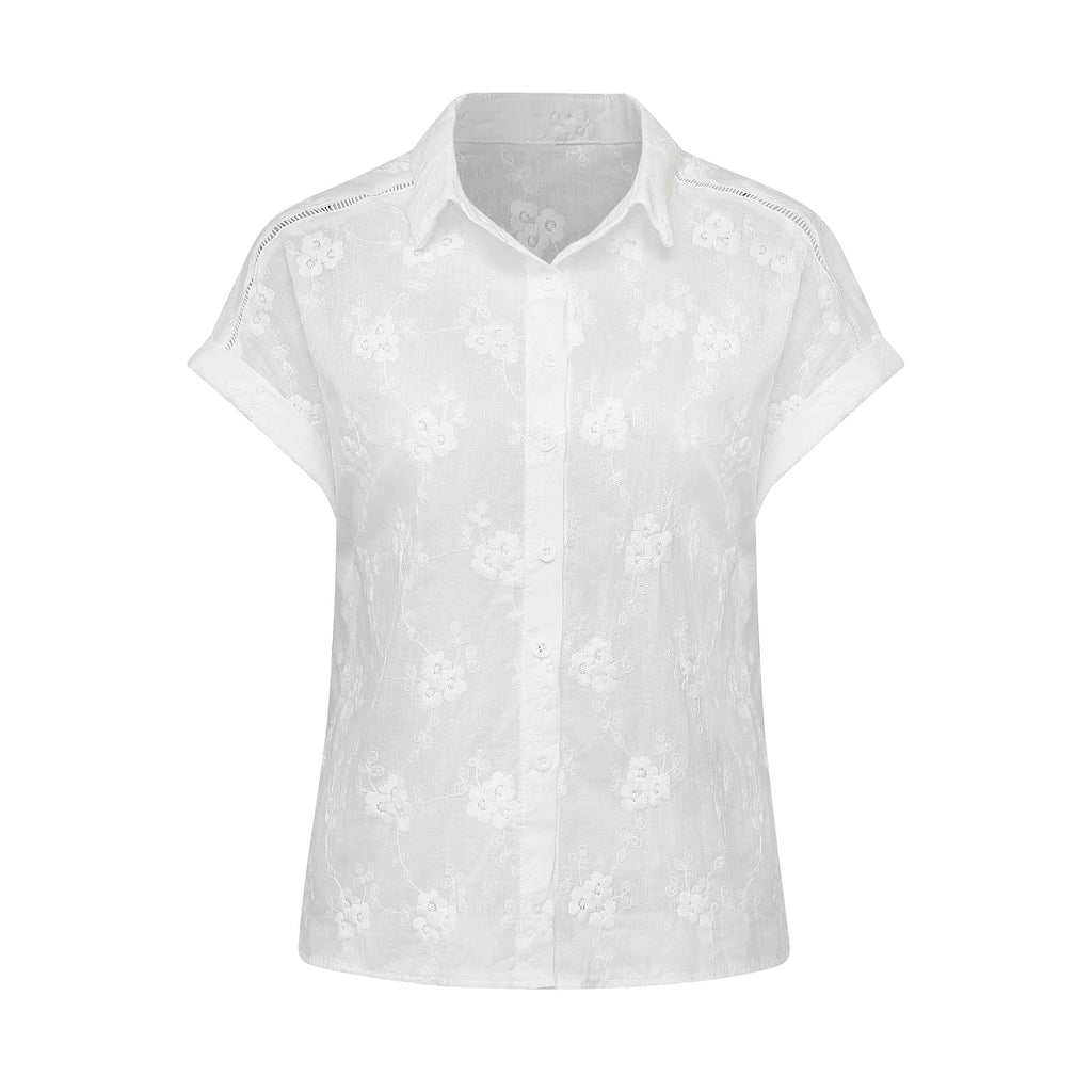 Weiß 1950er Baumwolle Stickerei Blumen Revers Bluse