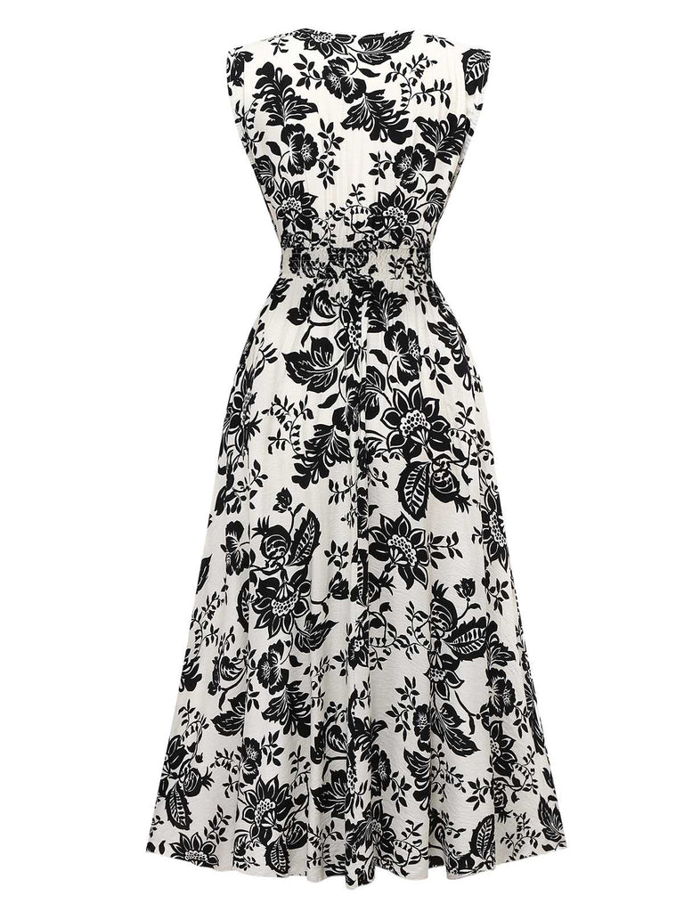 1970er V-Ausschnitt Blumen Flügelärmel Midi Kleid