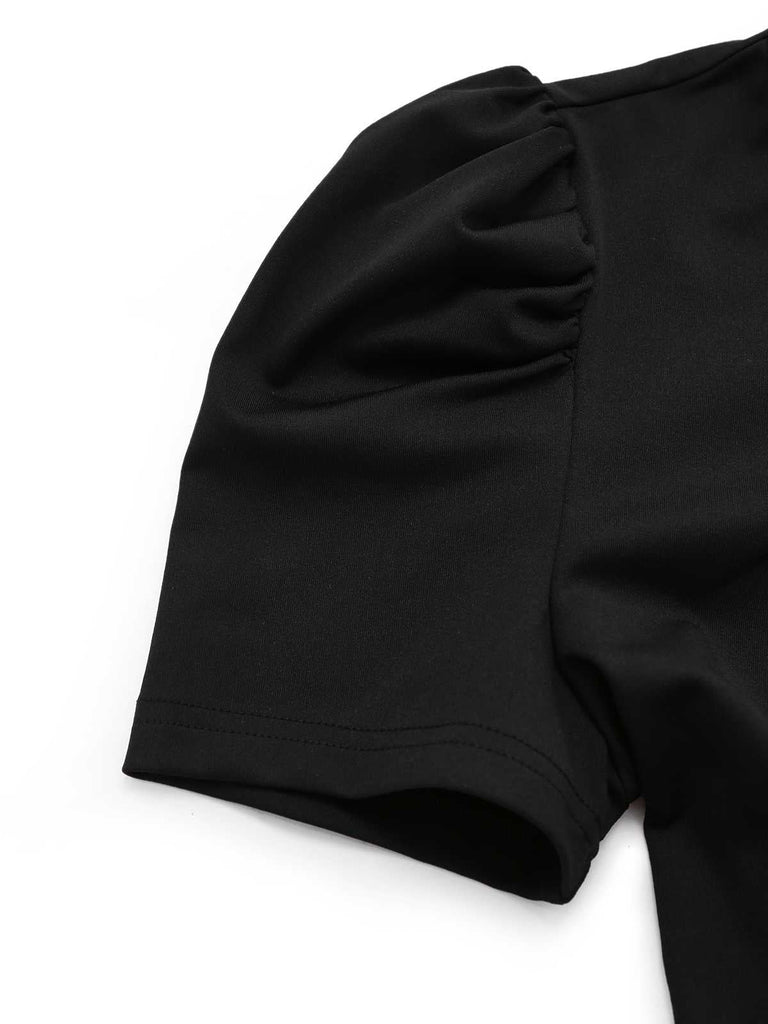 2PCS Schwarz 1970er Solide Top & Blätter Gedruckt Hosen