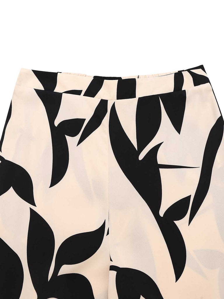 2PCS Schwarz 1970er Solide Top & Blätter Gedruckt Hosen