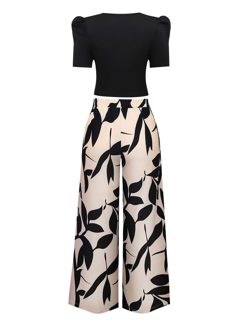 2PCS Schwarz 1970er Solide Top & Blätter Gedruckt Hosen
