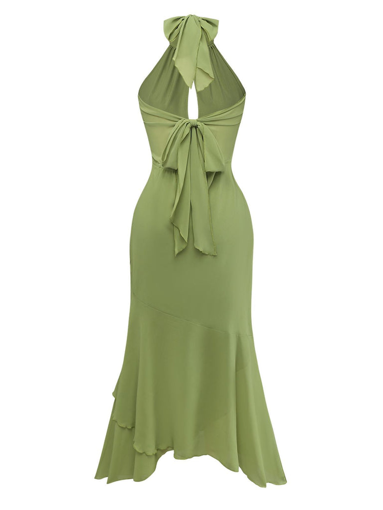 Grün 1930er Halter Netz Rückenfrei Chiffon Midi Kleid