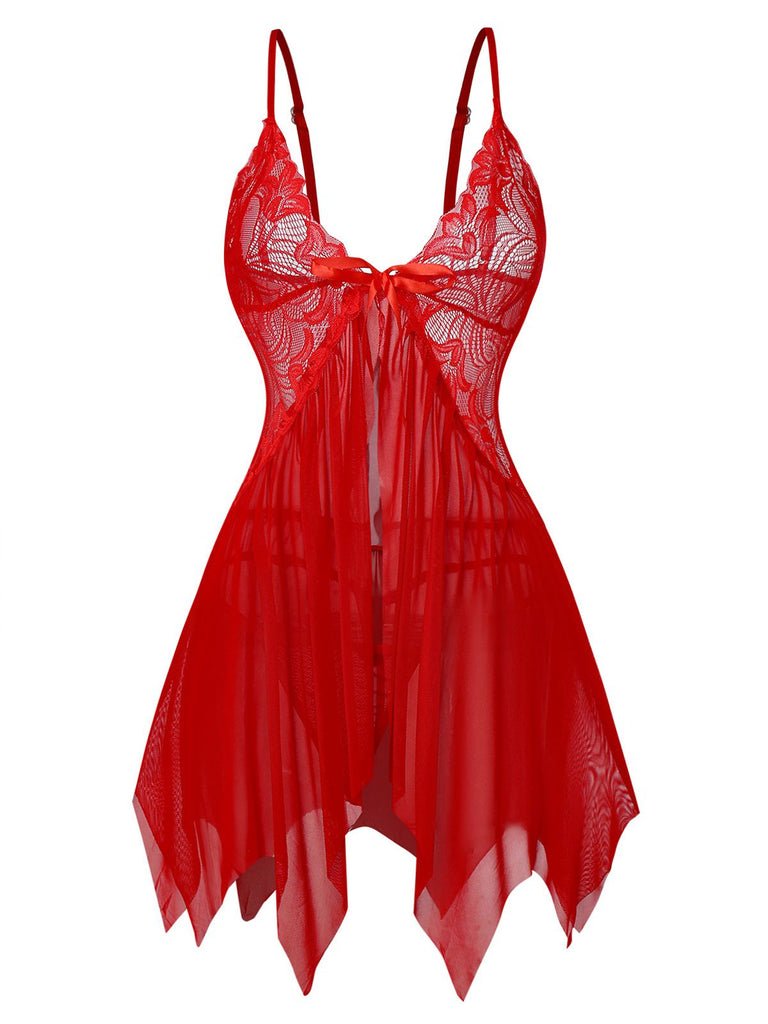 1980er Spitze Satin Band Babydoll Dessous Set