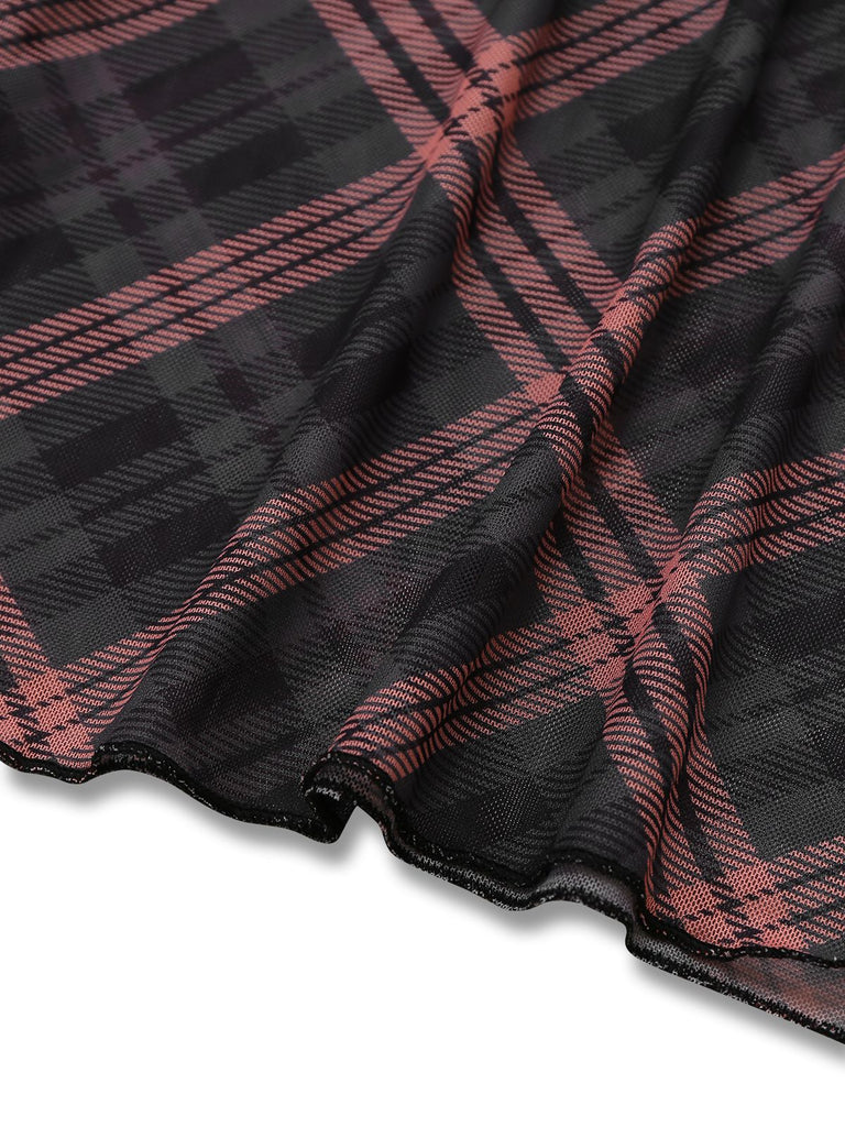 Braun 1930er Plaid Suspender V-Ausschnitt Schlank Maxi Kleid