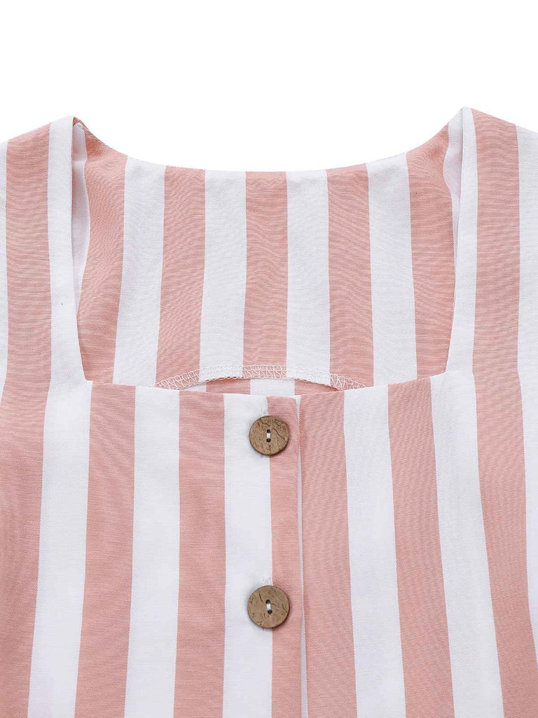 2pcs Khaki 1960er Streifen Quadratischer Hals Ärmellos Weste & Shorts