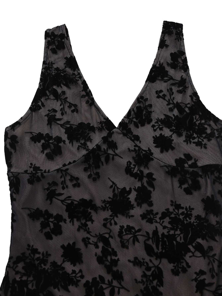 Schwarz 1960er Blumen Beflocktes Netz Rüschensaum Kleid