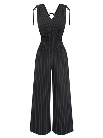 Schwarz 1950er Streifen Schulter-Bindung Gesmokt Taille Jumpsuit